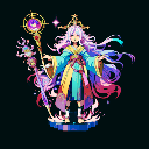 legendary anime girl wizard, long flowing hair, vibrant and dynamic colors, glowing magical staff, intricate and ornate robes, intense and focused expression looking to the right, not wearing shoes, sparkling and shimmering background, detailed and precise pixel art

