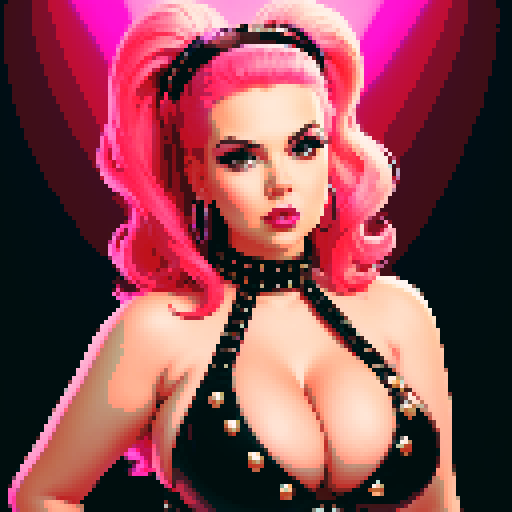 curvy, busty 1980s rocker babe with studded collar. Portrait of head, in a close up glamour shot.  Wearing Halter top. Neon lighting, modern tile backsplash