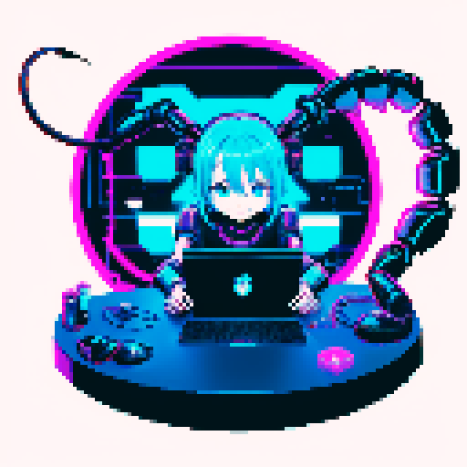 cute cyberpunk scorpion with human head, human head is anime inspired with vibrant hair, expressive eyes, and a playful smile, scorpion is playing computer games, tables with potato chips and coca cola, scorpion's tail should be fully in the picture, bright yellow and cyan and light blue lights