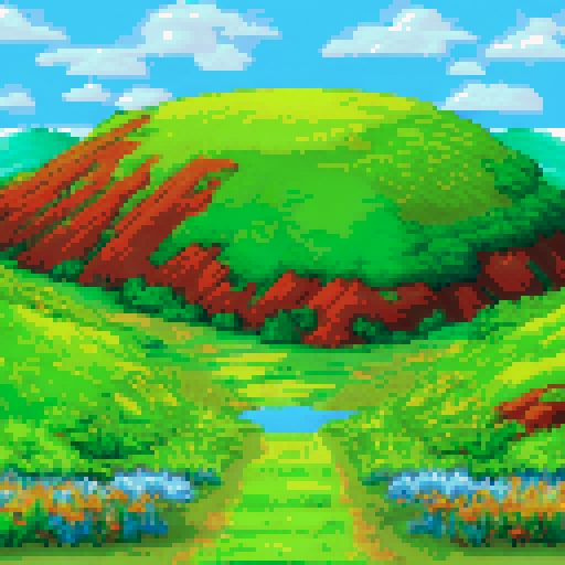 Rolling hills of emerald green, dotted with colorful wildflowers and framed by a deep blue sky, all rendered in crisp pixel art reminiscent of classic RPG backgrounds