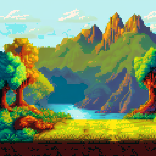 golden grass, with mountains in the distance and a cloudy sky above, all in pixel art with an sRGB color palette