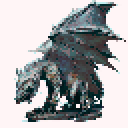 Grey stone dragon sitting in the ground in the middle of a dry wasteland, wings stretched upward with a long tail