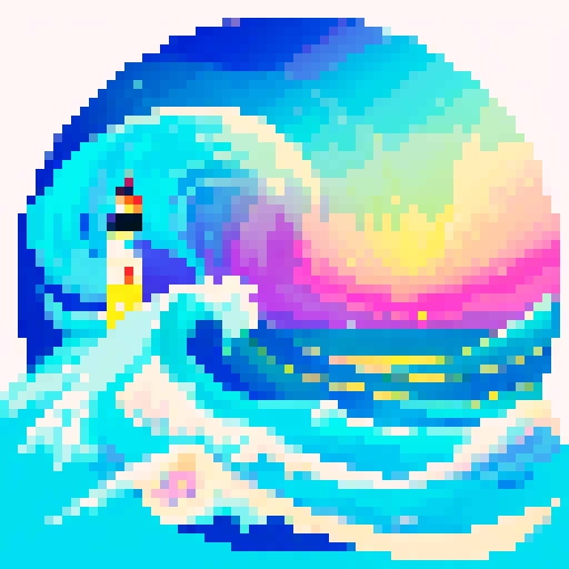 lighthouse, sea, aurora, vibrant colors, pixelated waves, glowing sky, geometric shapes, digital art, sRGB