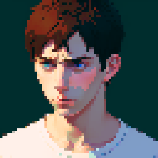 portrait, sprite art, young man, sad, narrow eyes, muted colors, depressed, caucasian, attractive, mussed up