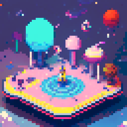 Space station, cute androgyne IA, vibrant colors, retro aesthetics, pixel art, glowing stars, sleek architecture, futuristic elements, adorable space suit, robotic companion, floating in zero gravity, cosmic background, playful expressions, small and delicate features, whimsical spacecrafts, lively energy