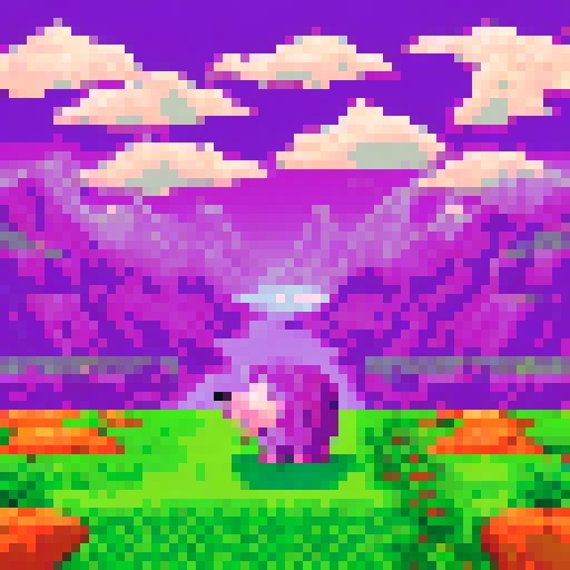 Realistic purple hedgehog, pixel art, 3D, sRGB, vibrant background, scenic landscape