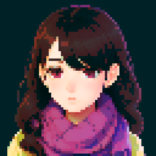 portrait, sprite art, young woman, dark eyes, dark hair, shy girl, awkward, cute, soft eyes, autistic, cozy, scarf, shy, timid, stardew valley