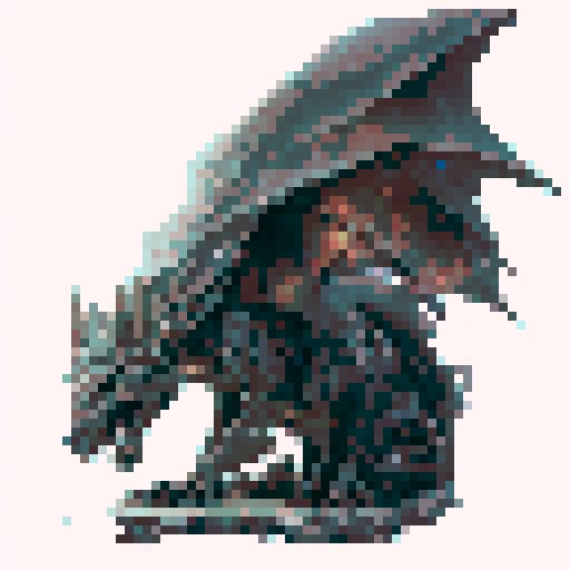 Grey stone dragon sitting in the ground in the middle of a dry wasteland, wings stretched upward with a long tail