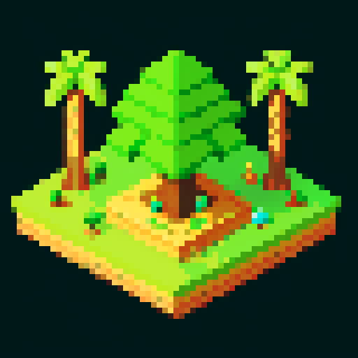 Isometric view, giant pineapple/tree hybrid, halfway in ground, no shadows, limited to 6 colors, pixel art, sRGB