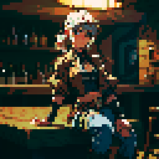 Dusty, weathered cowboy boots with spurs and worn leather chaps, sitting atop a pixelated wooden bar stool in a dimly lit, Western-style saloon, crafted with a 2D top-down view using a pixel art tileset in the sRGB color space