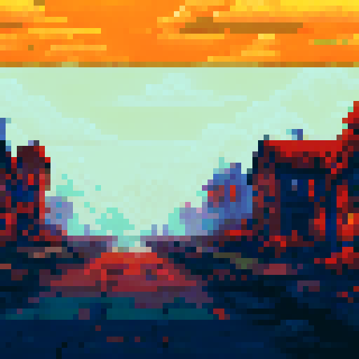 apocalyptic village on fire, burning houses, raging flames, smoke-filled sky, charred debris, crumbling buildings, panicking villagers, fleeing figures, ominous dark clouds, glowing embers, sparks flying, orange and red hues, pixelated landscape, sRGB color palette, pixel art style; 16:9 ratio