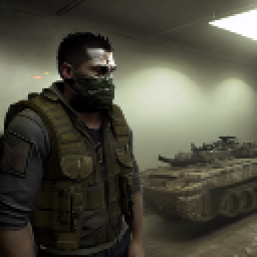 Military bulldog, muscular and fierce, wears a bullet-proof vest and holds a shotgun with a grim face, set in a zombie shooter game with apocalyptic background 