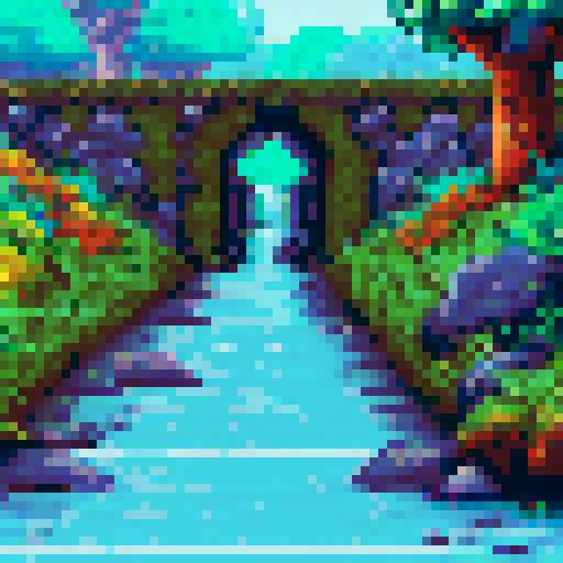Moss-covered stone walls, winding paths, towering hedges, vibrant flowers, and a hidden entrance, all within the confines of a pixelated, sRGB, pixel art landscape