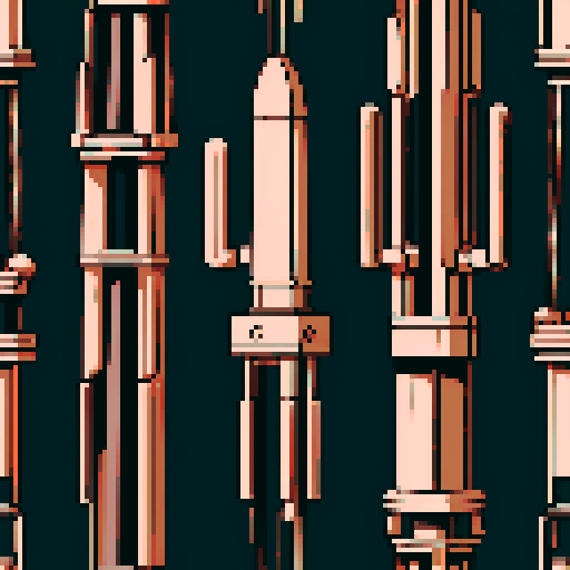 I want a tall vertical copper structure reminiscent of a organ pipe. It should have strange mechanical details that could interlock with each other. I also want this object usable an asset in a videogame, meaning only one object per image, outlined with a strong black stroke, on a solid-color background.