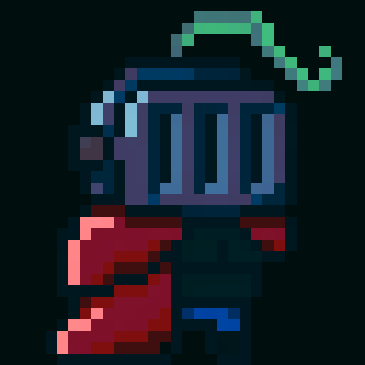 A simplistic chibi knight with a crimson cape and emerald ornamental feather on his helmet