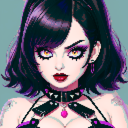 curvy, cute busty goth girl's face, whole head portrait, black hair, purple eyeshadow, red lipstick, low cut black studded leather halter top, studded collar, vibrant sRGB colors, edgy aesthetic. 