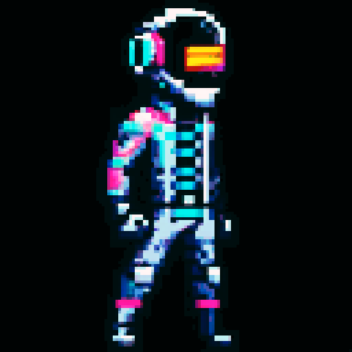 cyberpunk space trader sprite, pixel art, futuristic design, cybernetic arm with intricate detailing, glowing yellow-orange visor over the eyes, trench coat with glowing lines, blue and teal color palette with neon pink and yellow accents, distinct sci-fi aesthetic, confident posture, mid-step left first, arms extended, pixel art, sRGB