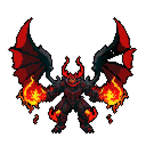 A fearsome, heavily armored demon with flames flickering around its body, massive wings, and glowing red eyes. It wields a fiery sword and has a menacing expression, ready to lead an army into battle. No background.
