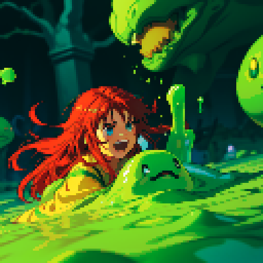 hero sinking into slime, hero drowning in slime, hero has red hair