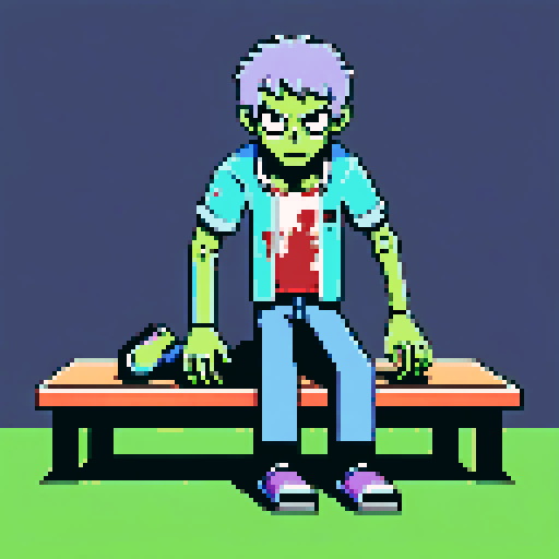 Zombie with limbs spread out, laying on table, looking at camera, pixel art, sRGB
