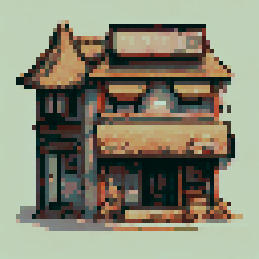 Pixel art building designs for a story-driven point and click game, inspired by dystopian nature overgrown buildings and japanese city architecture. Use Igor Lashtabega, butterberrycafe, and similar artists as inspiration. Create such a building design with neutral colored background