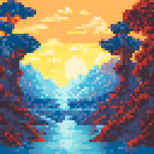 paper scroll, aged and weathered, unfurled and revealing an ancient map, intricately drawn with faded ink and delicate calligraphy, depicting a mythical landscape of towering mountains, lush forests, and winding rivers, all rendered in vibrant pixel art with a rich sRGB color palette, against a backdrop of a golden sunset casting a warm glow over the picturesque scene