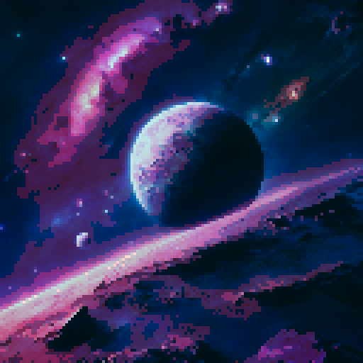 majestic view, purple planets looming over a cosmos of twinkling stars, painted in a landscape portrait style
