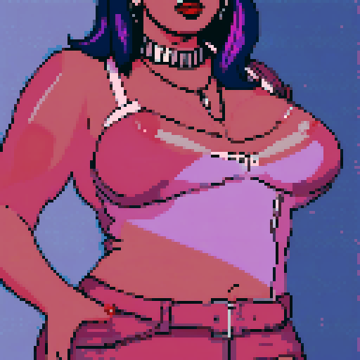 Plus size curvy, cute, busty greaser goth girl, with purple hair, black eyeshadow, red lipstick. Large breasts.  Wearing studded collar. Posing for sexy glamour shot. whole head portrait, avatar photo. vibrant sRGB colors, pixel art, edgy aesthetic
