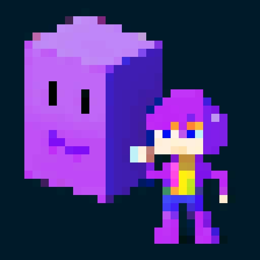 Purple guy, flirty look, pixel art, sRGB