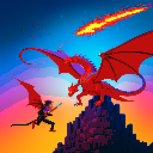 A rock guitarist riding a dragon, flying through a fiery sky above a futuristic city, brandishing his guitar like a sword