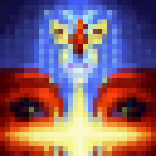 Fiery dragon soaring through misty mountains, knight in shining armor charging with lance, castle in the distance, all in pixel art style.