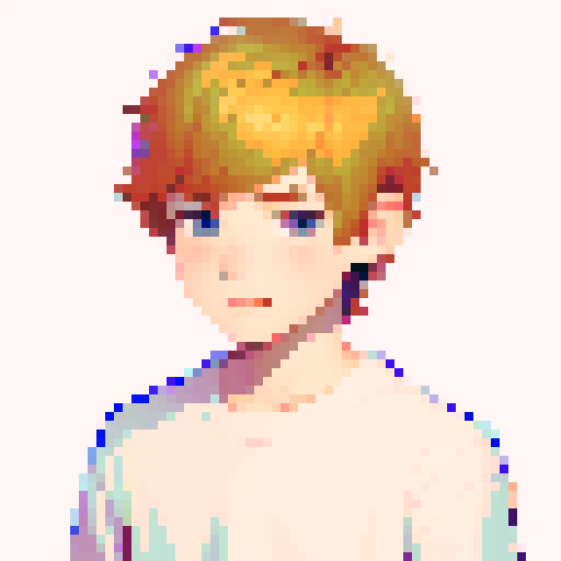 portrait, sprite art, young shy man, cozy, cute, light hair, soft eyes, neutral, curious, nerd