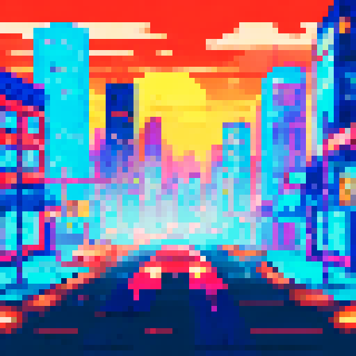 Sleek black Dodge Charger 2020, roaring down a winding road in a vibrant, neon-lit cityscape, with pixelated skyscrapers and a moody sRGB background