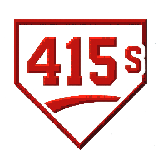 Pixel art of a fictional baseball team called the 415's. It is a reference to the area code.  Just showcase the text over a home plate. Red, white and gray, sharp outlines, and soft pixel shading. The logo design mimics 80s MLB logos. Use a vibrant Sega Genesis 16-bit style with selective dithering, geometric forms, and nostalgic retro charm. Avoid modern gradients—keep it pure pixel art.