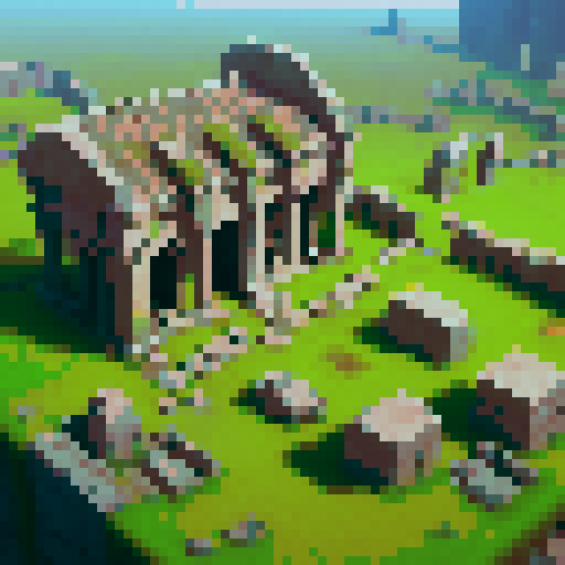 top down isometric, post-apocalyptic, ancient Roman farmland, rpg tileset, moody lighting, crumbling ruins, overgrown vegetation, decaying crops, broken aqueducts, weathered statues, moss-covered stones, eerie atmosphere, abandoned farmhouses, mystical artifacts, mystical runes, mythical creatures, dramatic shadows, epic landscapes, desolate fields