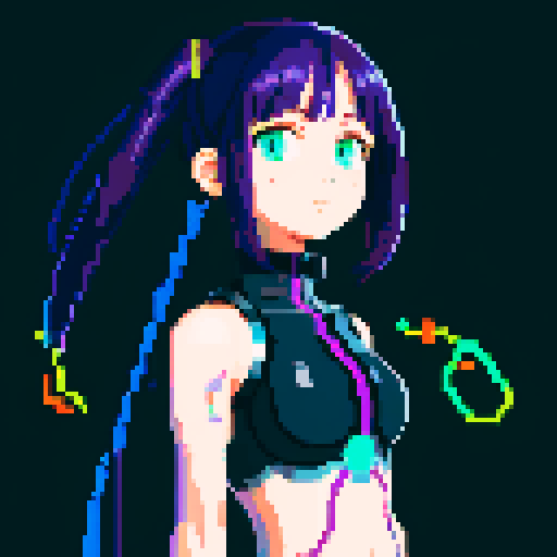 cyberpunk anime girl, floating above a glowing gene bottle filled with swirling strands of DNA, rendered in pixel art