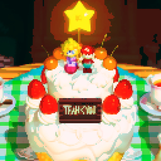 Cake with strawberries and cherries, two figurines on top, star, tea on side