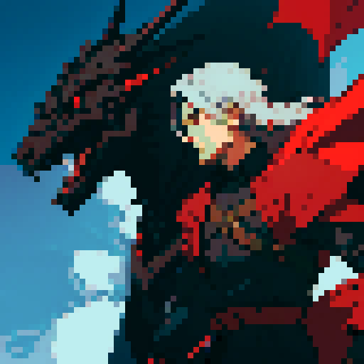 Black and red dragon, male rider, mid-length gray hair, fantasy RPG