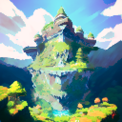 Floating castle with cascading waterfalls, surrounded by fluffy white clouds, perched on a mountain peak overlooking a vast, lush green landscape, depicted in a portrait style.