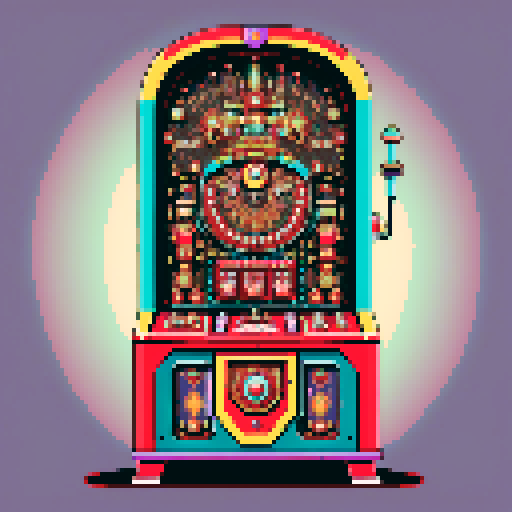 Vintage pachinko machine, vibrant retro colors, intricate mechanical details, nostalgic pixel art, sRGB color space