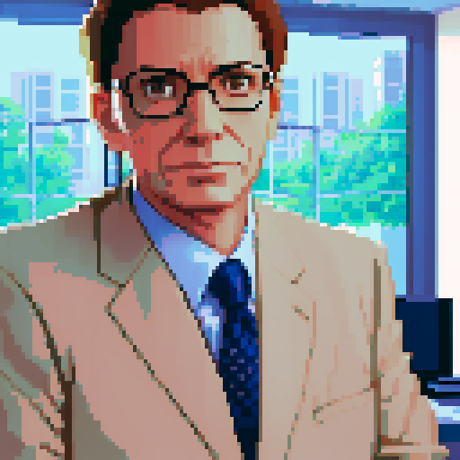 psychiatrist, serene office with warm lighting, pixel art, sRGB