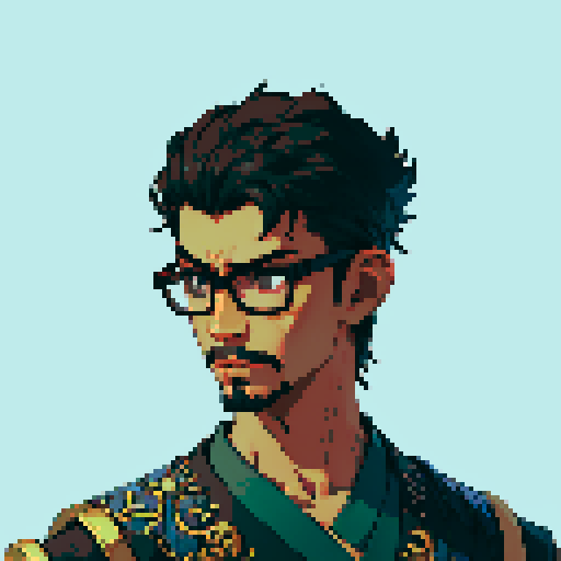 Southeast Asian man, short curly hair, round glasses, tanned, goatee, diamond shaped face, black eyes, age 25, wearing a robe