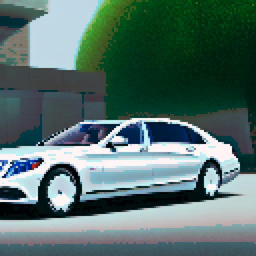 Photorealistic whole Mercedes-Benz Maybach, three-quarter view, right front wheel, clean background, sRGB colors, pixel art style