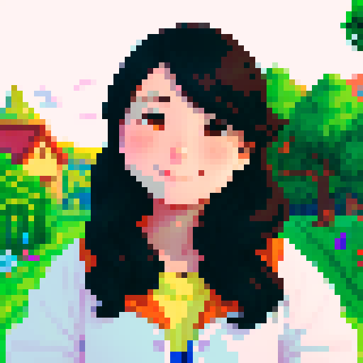 stardew valley-inspired, woman, asian, pixel art, sRGB, vibrant colors, rustic backdrop, dark hair, glowing skin, gentle smile, rosy cheeks