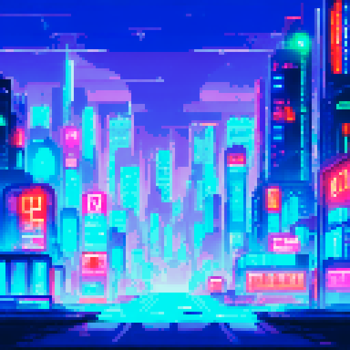 Glowing neon signs, towering skyscrapers, and flickering streetlights illuminate the cyberpunk cityscape as it stretches endlessly into the night, all in stunning pixel art