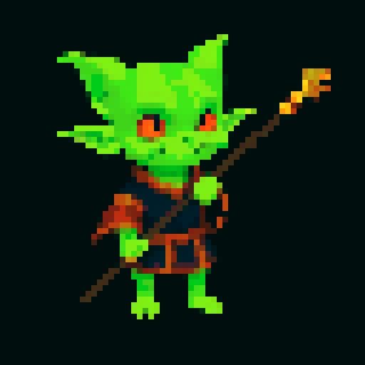 A mystical goblin with tribal markings, a staff, and a magical aura. It wears robes and has glowing eyes, with an air of wisdom and power. No background.
