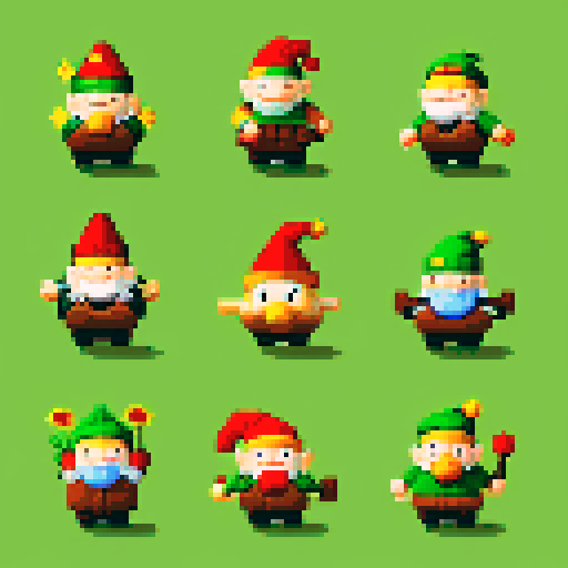 9 garden gnomes in different positions. 