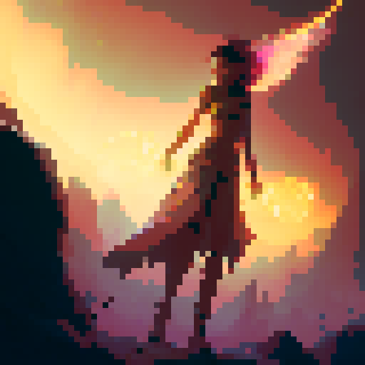 magical girl with glowing hands, fiery eyes, epic battle, fantastical scenery, RPG-inspired