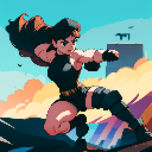 full-body image, muscle girl, female, thick biceps, big shoulders, big fists, muscular physique, thick waist, facing left, ready to fight, exaggerated proportions, black military uniform, black hat, military backdrop, sRGB, pixel art, no background, no backdrop, facing left, fists raised, ready to fight, full-body
