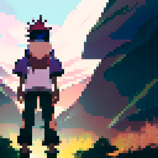 Backs turned, 8 adventurers gather courage at an abandoned mine entrance, the sunset casting a dramatic glow highlighting their colorful anime-style outfits.